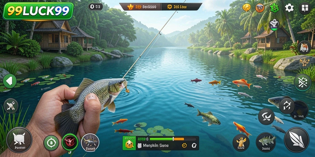 Tampilan gameplay menarik di 99LUCK99 dengan berbagai ikan untuk dipancing.