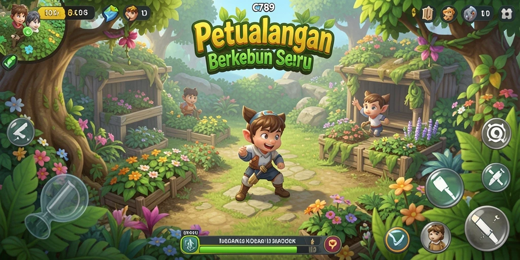 Tangkapan layar gameplay C789 menampilkan kebun yang indah dan tanaman yang subur.
