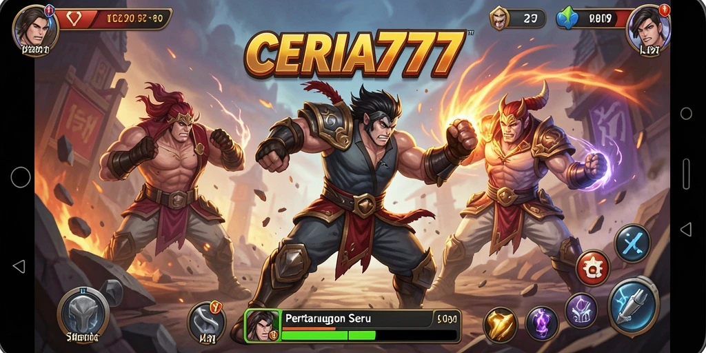 Screenshot gameplay CERIA777 yang menampilkan pertarungan seru dan karakter menarik.
