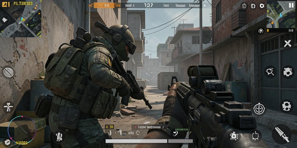 Screenshot menunjukkan aksi seru dalam permainan FPS FILTER303.