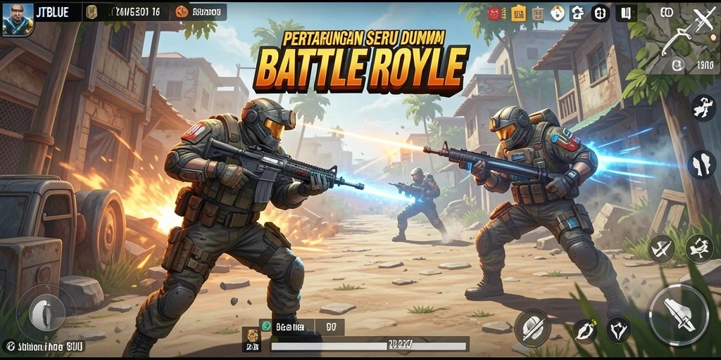 Screenshot utama JTBLUE menampilkan aksi penuh ketegangan di Battle Royale.