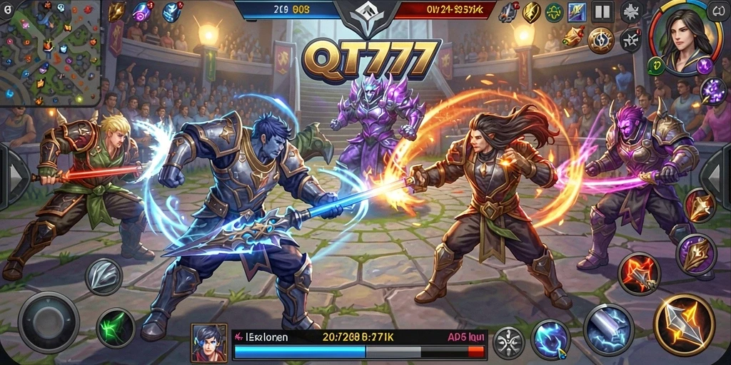 Tangkapan layar menunjukkan pertempuran seru dalam QT777 dengan gameplay MOBA.