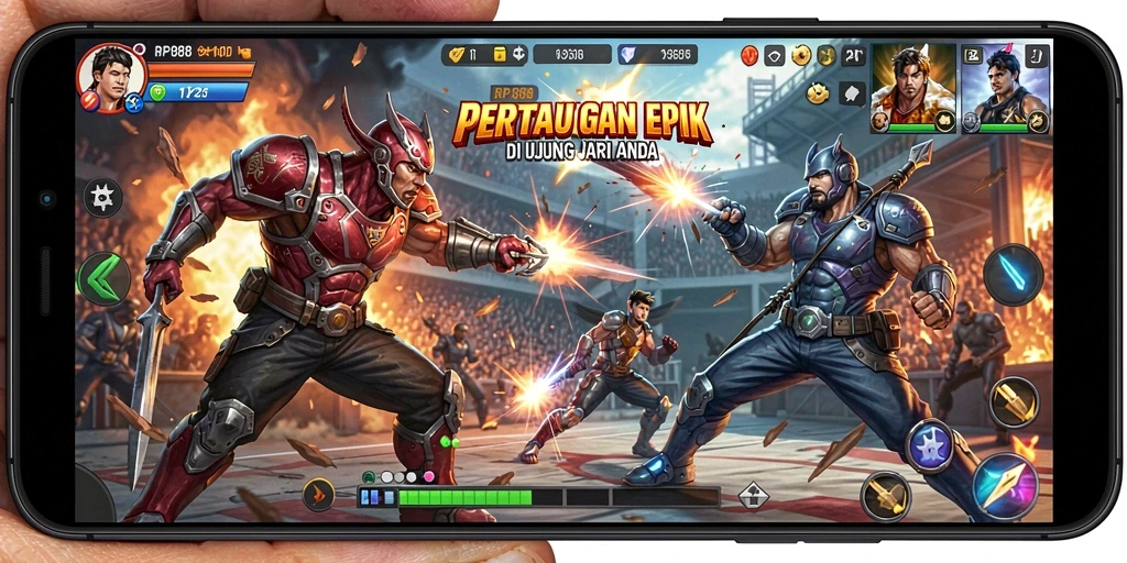 Tangkapan layar utama RP888 menunjukkan aksi pertarungan yang epik.